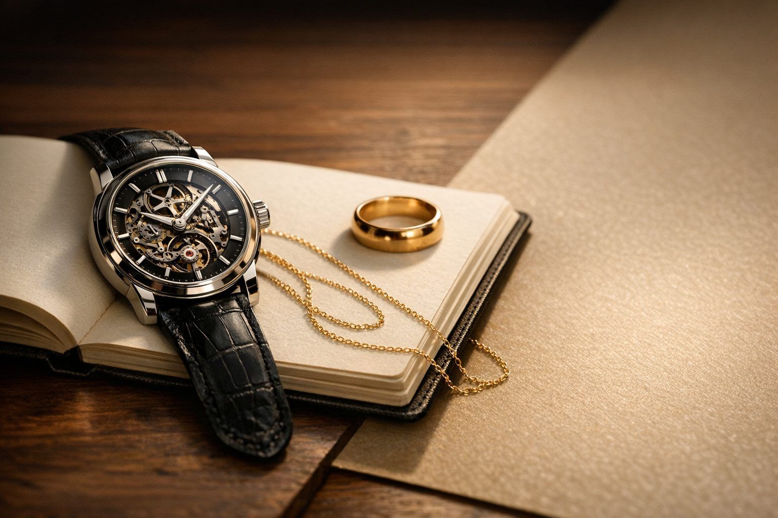 Montre mécanique et bijoux dorés sur carnet champagne